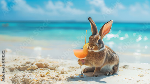 Rabbit drinking a cocktail in summer sunny sea beach ai geerative..