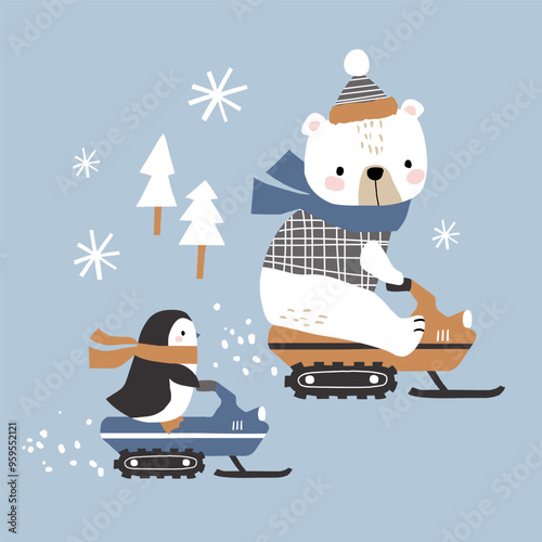 Cute hand drawn vector polar bear and penguin on snowmobile. Perfect for tee shirt logo, greeting card, poster, invitation or nursery print design. EPS 10 vector file.