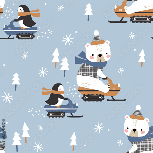 Seamless vector pattern with cute hand drawn polar bear and penguin on snowmobile. Perfect for textile, wallpaper or nursery print design. EPS 10 vector file.