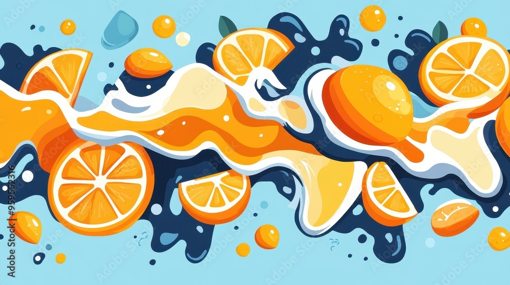 Experience the burst of flavor with fresh citrus juice splashes, showcasing vibrant oranges in a fun, abstract design. Experience the burst of flavor with fresh citrus juice splashes, showcasing vibrant oranges in a fun, abstract design.