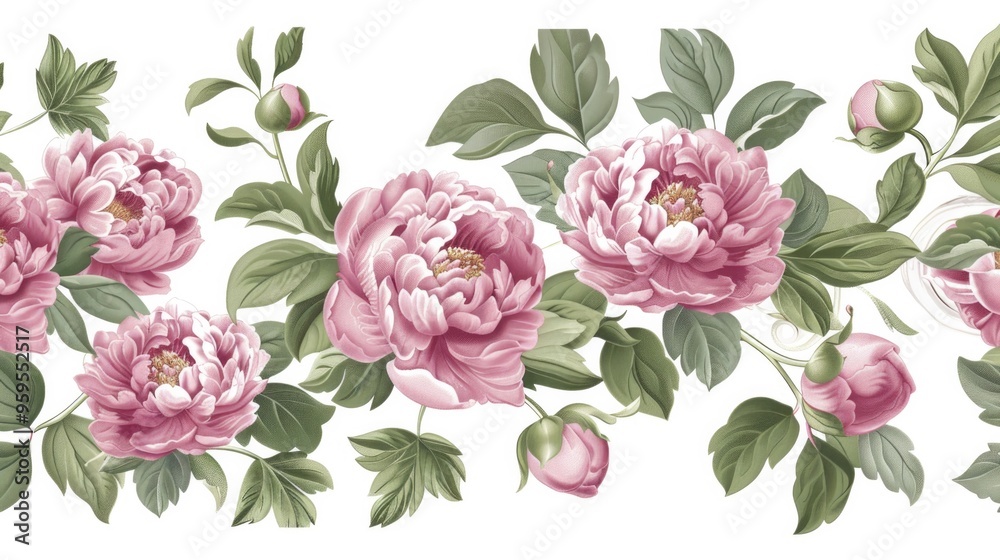 Peony art with floral illustrations of peony buds, leaves, and borders arranged in a seamless pattern. Peony art with floral illustrations of peony buds, leaves, and borders arranged in a seamless pattern.