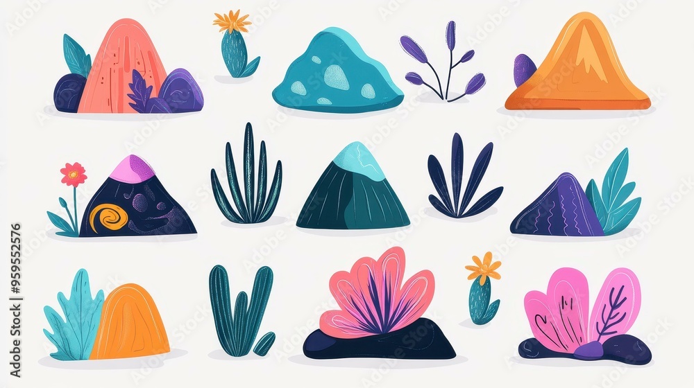 Naklejka premium Explore our retro collection of organic shapes featuring funky clouds, flowers, and mountainsperfect for modern designs