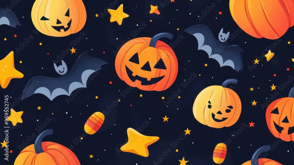 Celebrate Halloween with this fun pattern of pumpkins, candy corn, and bats on a starry night backdrop. Celebrate Halloween with this fun pattern of pumpkins, candy corn, and bats on a starry night backdrop.