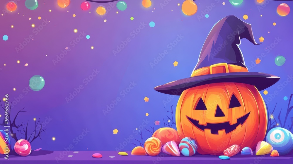 Naklejka premium A vibrant Halloween scene shows a witch hat, a bright pumpkin, and colorful candies, set in a spooky, fun atmosphere.
