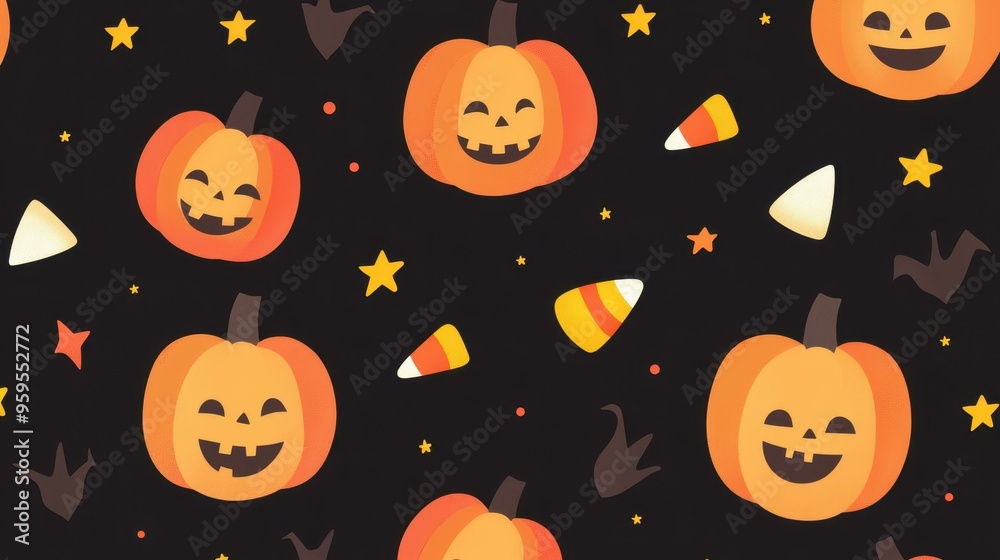 Celebrate Halloween with a fun pattern filled with cheerful jackolanterns, playful bats, and candy corn against a dark sky Celebrate Halloween with a fun pattern filled with cheerful jackolanterns, playful bats, and candy corn against a dark sky