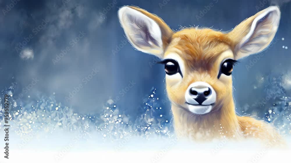 A young deer explores a snowy landscape in winter, showcasing its curious nature and gentle beauty