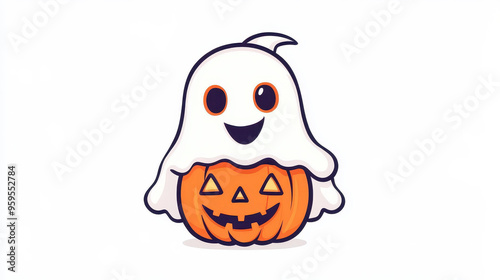 A whimsical ghost with a pumpkin head floats in vibrant hues, perfect for Halloweenthemed decor and festivities. photo