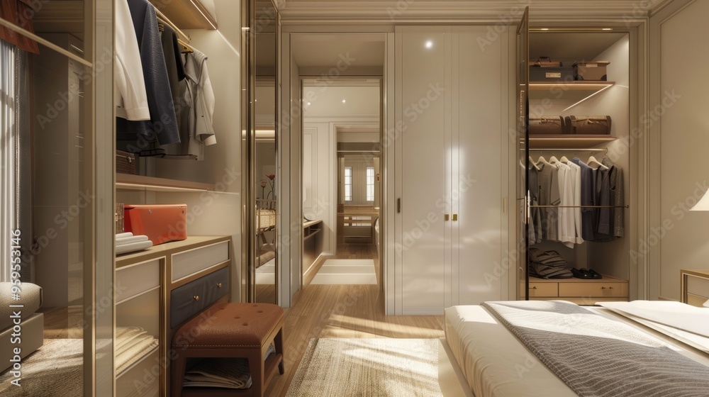 Dressing room with range of wardrobes and door open to furnished bedroom. Dressing room with range of wardrobes and door open to furnished bedroom.