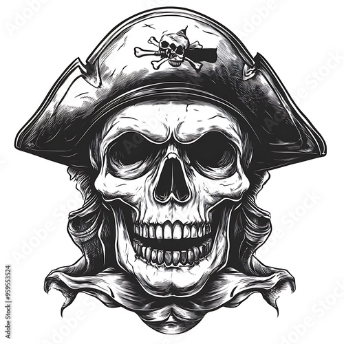 Black and white cartoon Pirate skull Design Illustration. generative AI photo