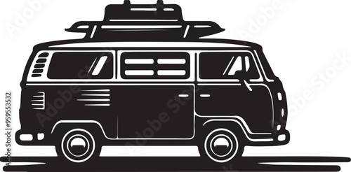 Vintage beach van silhouette vector art illustration