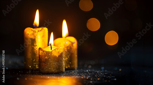 Burning candle on dark background during christmas time ai generative,.