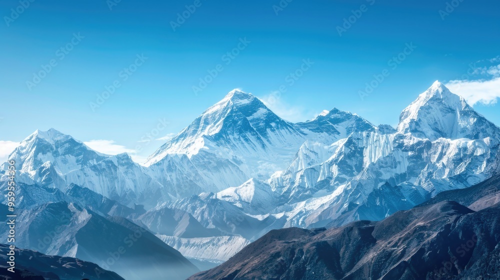 Serene mountain landscape with snow-capped peaks and clear blue sky, showcasing nature's beauty. Serene mountain landscape with snow-capped peaks and clear blue sky, showcasing nature's beauty.