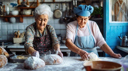 Joyful mature ladies making bread dough in traditional kitchen. photo