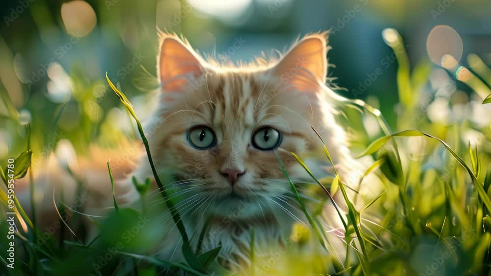 Curious cat exploring lush green grass in a tranquil garden during a sunny afternoon