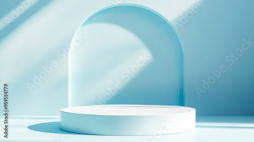 White Podium On Light Blue Background With Subtle Reflections, Ideal For Luxury Or Clean Product Displays . Generative ai