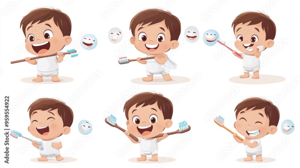 Smiling Baby Brushing His Teeth in Various Poses Smiling Baby Brushing His Teeth in Various Poses