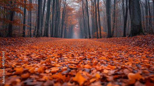 Fall Forest Trails: Scenic forest trails covered in fallen orange leaves, inviting viewers to experience a serene autumn walk.