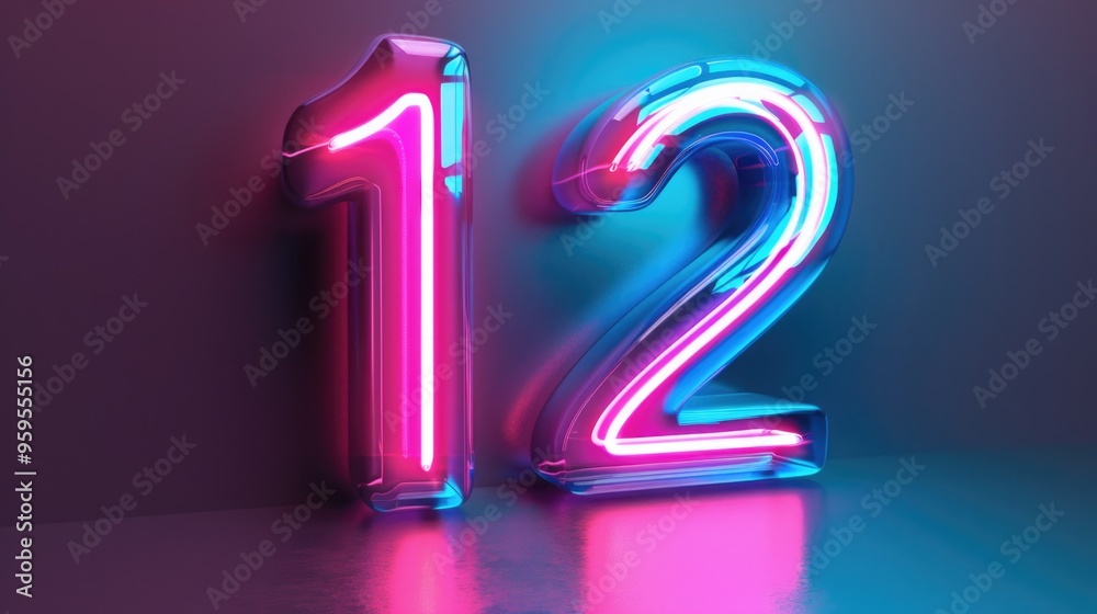 Glowing pink and blue neon number 12 in 3D. Vibrant and futuristic birthday concept with neon lights. Celebration and party concept. Glowing pink and blue neon number 12 in 3D. Vibrant and futuristic birthday concept with neon lights. Celebration and party concept.
