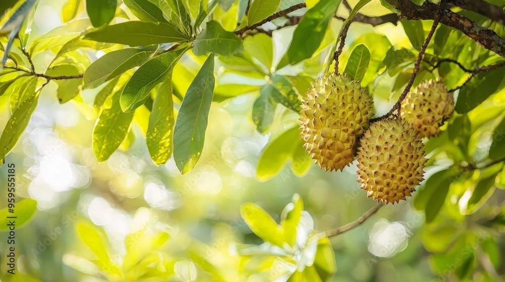 Spiky Fruits Hanging From a Lush Green Branch Spiky Fruits Hanging From a Lush Green Branch
