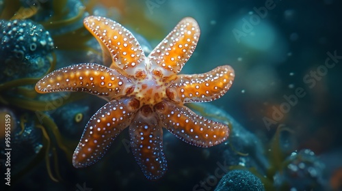 Close-up of vibrant starfish with spotted patterns in marine environment