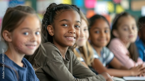 Diverse schoolchildren in a classroom setting.