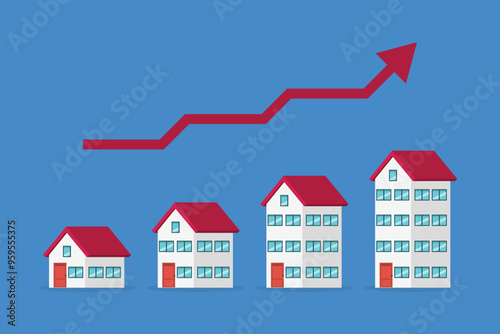 Housing prices rise up. The concept of growth in demand for real estate. Increase in the value of property, vector illustration	