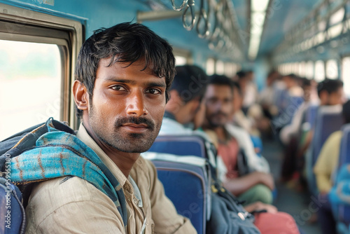 Indian men from bihar travelling in a crowded bus.