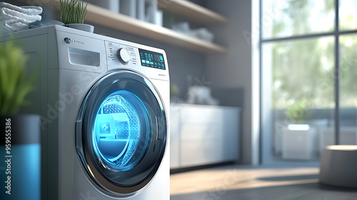 A washing machine with a touch-screen interface, displaying a high-tech smart home environment.