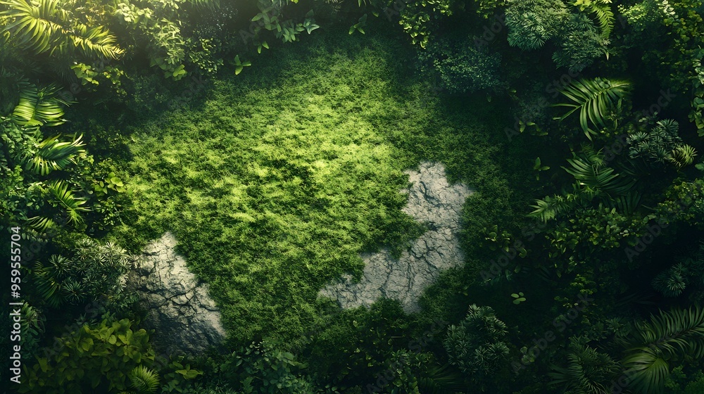 Lush green clearing surrounded by dense forest foliage in sunlight Lush green clearing surrounded by dense forest foliage in sunlight