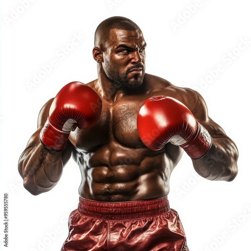 a american muscle man who won the boxing championship, ready fight pose, isolated white background