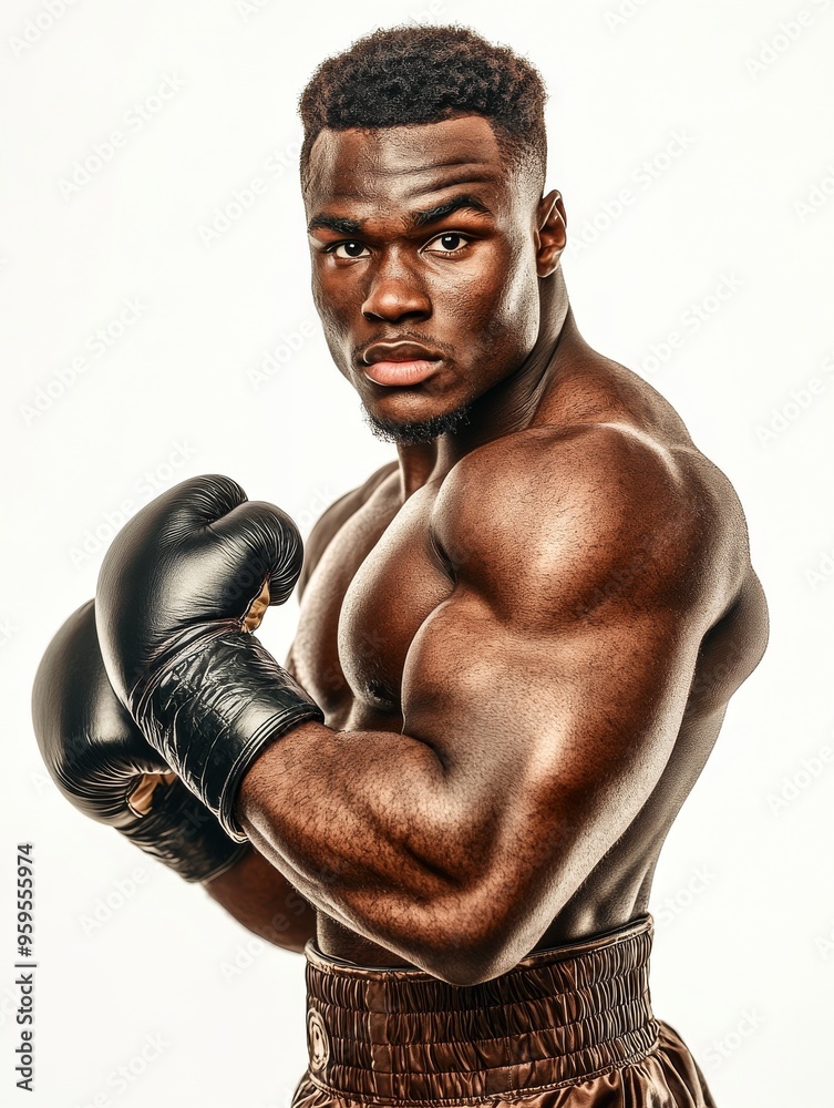 American boxer fighting pose isolate on white photoshot, front view, looking camera, realistic, cinematic color grading, studio light, rembrant lighting