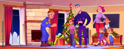 Family in house catch burglar man in living room near Christmas tree. Holiday decoration home scene with angry children and robber on carpet. Decorated apartment for xmas with gift panorama design