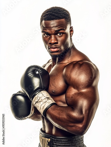 American boxer fighting pose isolate on white photoshot, front view, looking camera, realistic, cinematic color grading, studio light, rembrant lighting