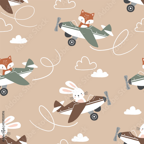 Seamless vector pattern with cute hand drawn fox and rabbit on vintage airplane. Perfect for textile, wallpaper or nursery print design. EPS 10 vector file.