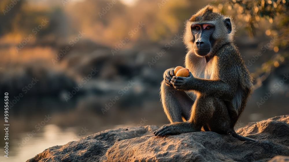Obraz premium Captivating Wildlife: Baboon Holding Fruit in Serene African Landscape at Sunset