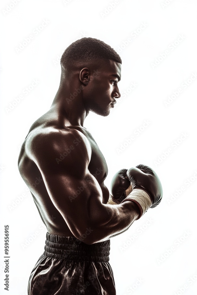 Portrait side view of a boxer pose ready to fight on white background Portrait side view of a boxer pose ready to fight on white background