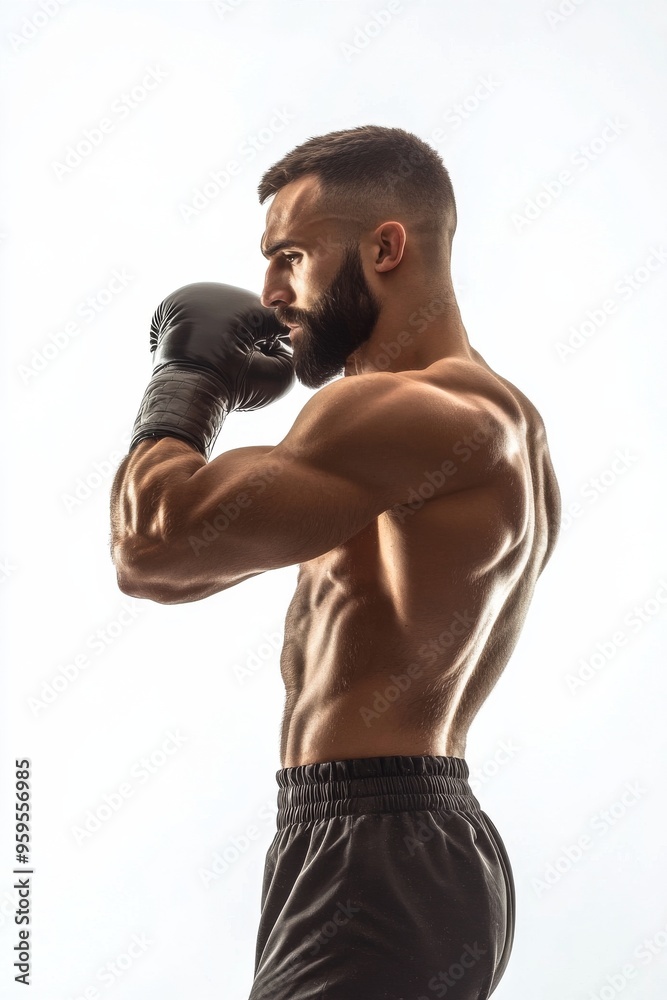Portrait side view of a boxer pose ready to fight on white background Portrait side view of a boxer pose ready to fight on white background