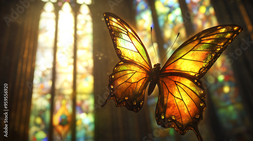 A butterfly with wings made of stained glass, fluttering in front of a Gothic cathedral window. photo