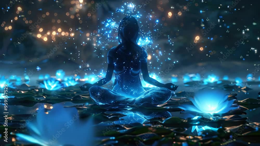 A serene figure meditates amidst glowing blue flowers in a tranquil, mystical forest setting at dusk A serene figure meditates amidst glowing blue flowers in a tranquil, mystical forest setting at dusk