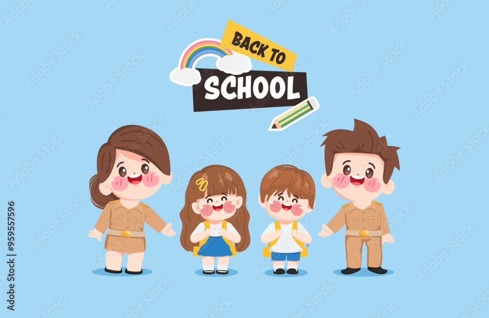 Cute cartoon student and teacher in uniform back to school character. Thai school uniform premium vector. Cute cartoon student and teacher in uniform back to school character. Thai school uniform premium vector.