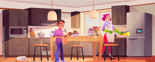 Mom clean house kitchen. Kid eat donut vector. Mother character wash home near son with chocolate doughnut. Happy housecleaning and chore scene. Domestic responsibility in interior design illustration