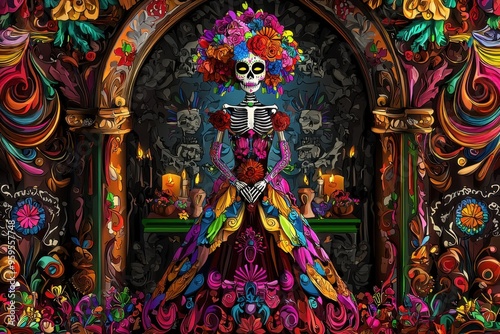 Wallpaper Mural Colorful Calavera with Floral Wreath and Candles. Torontodigital.ca