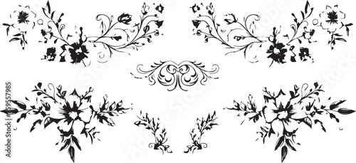 
Big set of decorative elements and vector graphics in a hand drawn floral ornament collection with line on a white background