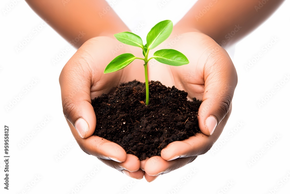 Hands holding small green plant in soil, symbolizing growth, nurturing, environment, and care. Ideal for sustainability and nature themes. Hands holding small green plant in soil, symbolizing growth, nurturing, environment, and care. Ideal for sustainability and nature themes.