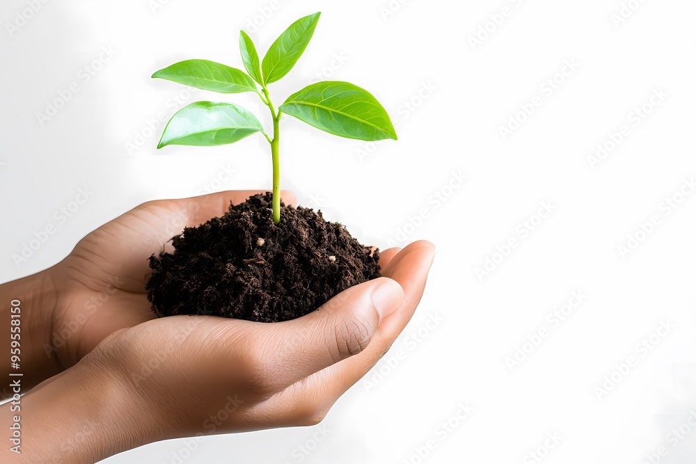 Hands holding a small green plant with soil, symbolizing growth, nature, and environmental care on a white background. Hands holding a small green plant with soil, symbolizing growth, nature, and environmental care on a white background.