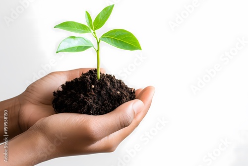 Hands holding a small green plant with soil, symbolizing growth, nature, and environmental care on a white background.