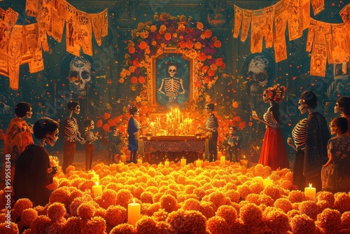Day of the Dead Celebration with Skulls and Flowers.