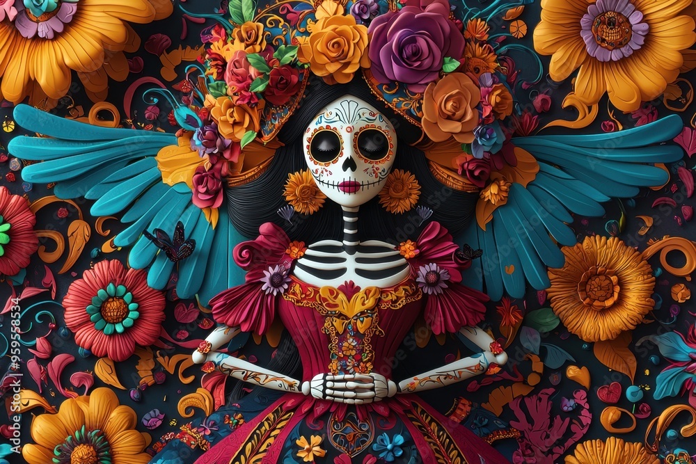 Day of the Dead Sugar Skull with Floral Wreath. Day of the Dead Sugar Skull with Floral Wreath.