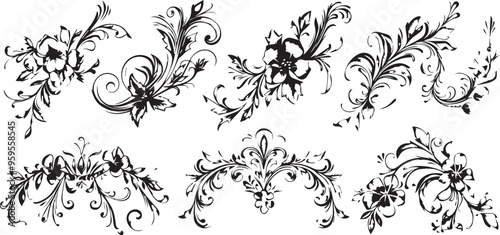 
Big set of decorative elements and vector graphics in a hand drawn floral ornament collection with line on a white background