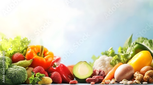 Fototapeta Naklejka Na Ścianę i Meble -  Vibrant fresh vegetables and fruits displayed on a sunny background